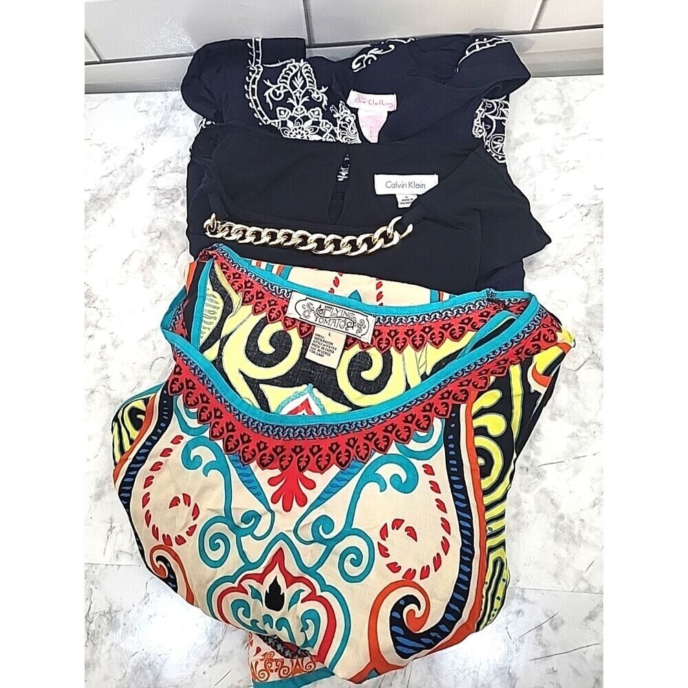 3 WOMEN'S Sz Large Blouses Shirts Tops Sleeveles Knit Artsy Boho Business